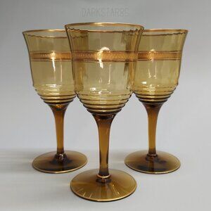 Vintage Amber Optic Water Goblets With Gold Trim Unknown Maker (x3)